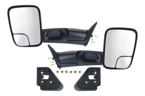 Towing Mirror Pair/Set for Dodge RAM 1500 Pickup 1994-2001, RAM 2500/3500 Pickup 1994-2002, Right (Passenger) and Left (Driver) Manual Adjust, Manual Folding, Non-Heated, Textured, with Bracket and Blind Spot Glass Replacement