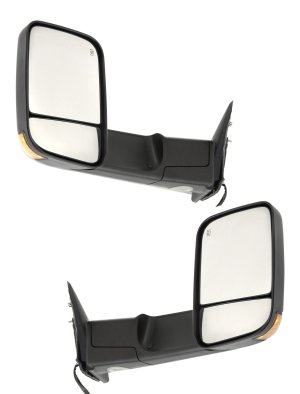 Towing Mirror Pair/Set for Dodge RAM1500/2500/3500 Pickup 2010-2012, Right (Passenger) and Left (Driver), Power, Manual Folding, Heated, Textured, with Signal Light, without Auto-Dimming, BSD, and Memory Replacement