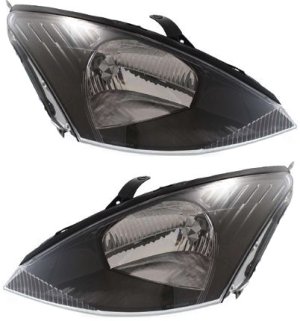 Headlight Assembly Pair/Set for 2003-2004 Ford Focus, Right (Passenger) and Left (Driver), Halogen, Gray Interior, Excluding SVT Models, Replacement