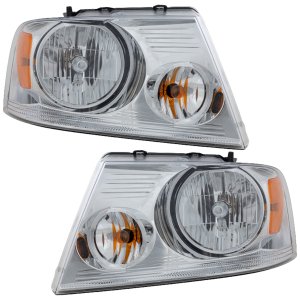 Headlight Assembly Pair/Set for Ford F-150 2004-2008, Mark LT 2006, Halogen, Right (Passenger) and Left (Driver), Chrome Bezel Replacement