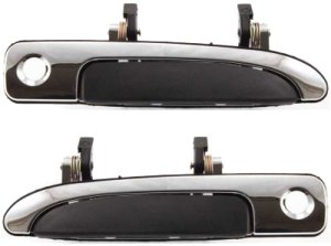 Front Exterior Door Handle Pair/Set for 2004-2011 Ford Crown Victoria / 2003 Grand Marquis, Right (Passenger) & Left (Driver), Plastic, Chrome with Keyhole and Textured Black Lever, Replacement