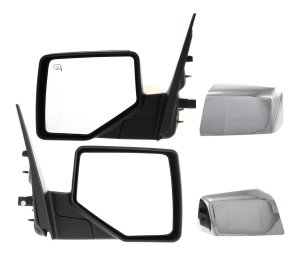 Mirror Pair/Set for 2006-2010 Ford Explorer, Right (Passenger) and Left (Driver), Power Adjust, Manual Folding, Heated, Chrome/Textured, Includes 2 Caps, with Puddle Light - Replacement Set