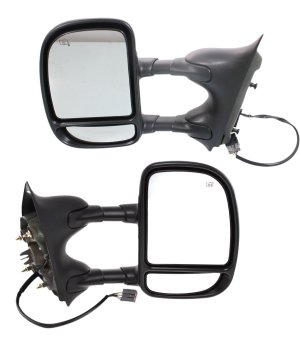 Towing Mirror Pair/Set for 2000-2005 Ford Excursion, Right (Passenger) and Left (Driver), Power, Manual Folding, Heated, Textured Black, without Auto-Dimming, Blind Spot Detection, Memory, and Signal Light Replacement