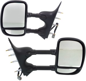 Towing Mirror Pair/Set for Ford Econoline Van 2009-2014, Right (Passenger) & Left (Driver), Power, Manual Folding, Textured, Non-Heated, w/o Auto-Dimming, Blind Spot Detection, Memory & Signal Light Replacement