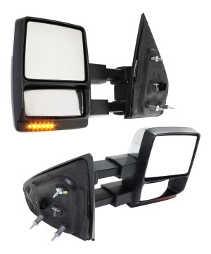 Towing Mirror Pair/Set for Ford F-150 2009-2014, Right (Passenger) and Left (Driver), Power, Manual Folding, Heated, Chrome, with Memory, Puddle and Signal Light, Replacement