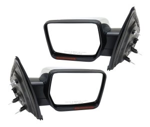 Mirror Pair/Set for 2009-2010 Ford F-150, Right (Passenger) and Left (Driver), Non-Towing, Power Operated, Manual Folding, Heated, Chrome, with In-Housing Signal Light and Memory, Without Auto Dimming or Blind Spot Detection Replacement