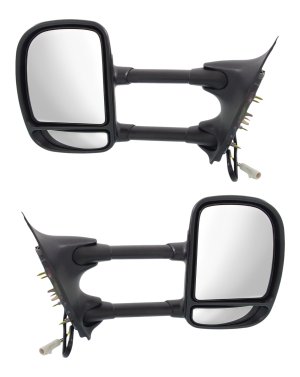 Towing Mirror Pair/Set for Ford F-Series Super Duty 1999-2007, Right (Passenger) and Left (Driver), Power Adjust, Manual Folding, Non-Heated, Textured, Single-Swing Type Replacement