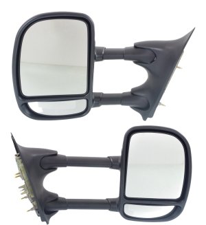 Towing Mirror Pair/Set for Ford F-Series Super Duty 1999-2007, Right (Passenger) and Left (Driver), Manual Adjust and Folding, Non-Heated, Textured, Single-Swing Type Replacement Models: for F-250, F-350, F-450, F-550.