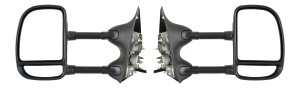Towing Mirror Pair/Set for Ford F-Series Super Duty 2002-2007/Excursion 2000-2005, Right (Passenger) and Left (Driver), Power, Manual Folding, Non-Heated, Textured, Dual Glass, Dual Arm Type, w/o Signal Light Replacement. Models: for F-250, F-350, F-450, F-550.
