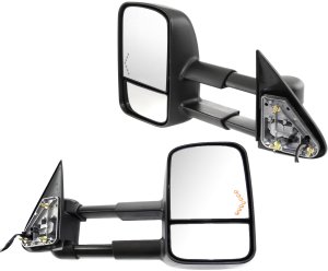 Towing Mirror Pair/Set for Chevrolet Silverado/Sierra 2003-2006 & 2007 Classic, Right (Passenger) and Left (Driver), Power Adjustable, Manual Folding, Heated, Textured, w/ Signal Light, Replacement