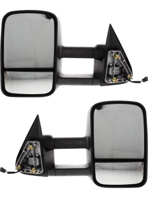 Towing Mirror Pair/Set for GMC Sierra and Chevrolet Silverado 1999-2007, Right (Passenger) and Left (Driver), Power, Heated, Manual Folding, Textured, without Signal Light, Replacement