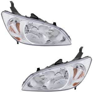 Headlight Pair/Set for 2004-2005 Honda Civic Coupe/Sedan, Right (Passenger) and Left (Driver) Lens and Housing, Halogen Replacement