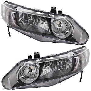 Headlight Lens and Housing Pair/Set for 2006-2011 Honda Civic Sedan Including Hybrid Model, Right (Passenger) and Left (Driver) Halogen Light Replacement