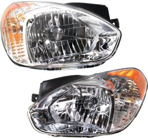 Headlight Assembly Pair/Set for Hyundai Accent 2007-2011, Hatchback/Sedan, Right (Passenger) and Left (Driver), Halogen Replacement