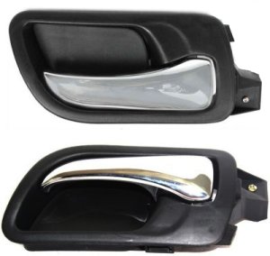Front Interior Door Handle Pair/Set for 2003 - 2007 Honda Accord Sedan, Right (Passenger) and Left (Driver), Chrome Lever + Black Bezel, Plastic Replacement