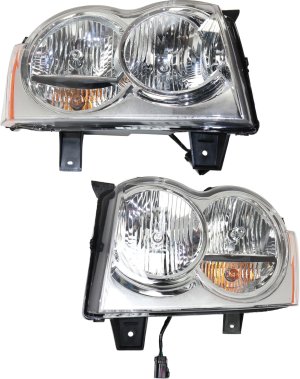 Headlight Assembly Pair/Set for 2005-2007 Grand Cherokee, Includes Right (Passenger) and Left (Driver) Halogen Lights, Replacement