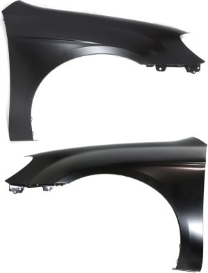 Front Fender Pair/Set for 2004-2009 KIA Spectra, Right (Passenger) and Left (Driver), Primed (Ready to Paint), Without Side Light Holes, Steel, Replacement