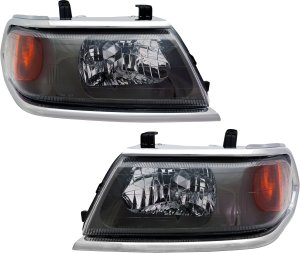 Headlight Assembly Pair/Set for Mitsubishi Montero Sport 2000-2004, Right (Passenger) and Left (Driver), Halogen, Chrome, From March 2000, Replacement