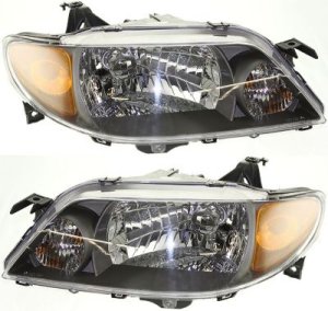 Headlight Assembly Pair/Set for 2001-2003 Mazda Protege Sedan, Includes Right (Passenger) and Left (Driver) Side, Halogen, with Metal Coat Bezel, Replacement