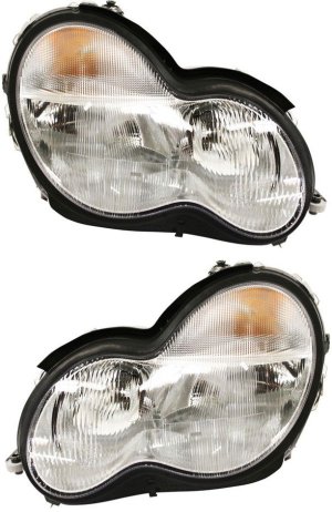 Headlight Assembly Pair/Set for Mercedes-Benz C-Class Sedan/Wagon 2001-2004, Right (Passenger) and Left (Driver), Halogen, Replacement