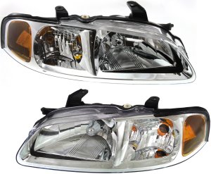 Headlight Assembly Pair/Set for 2002-2003 Nissan Sentra CA/GXE/XE/Limited Models, Halogen, Right (Passenger) and Left (Driver), w/ Chrome Trim - Replacement