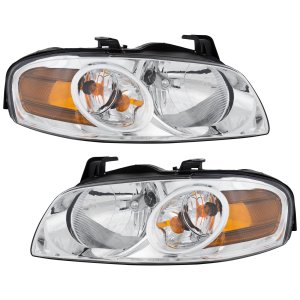 Headlight Assembly Pair/Set for 2004-2006 Nissan Sentra Base/S Models, Right (Passenger) and Left (Driver), Halogen, Chrome Interior, Replacement