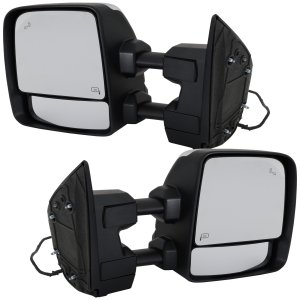 Mirror Pair/Set for Nissan Titan XD 2016-2019, Right (Passenger) & Left (Driver), Power Heated Upper, Manual Non-Heated Lower, Manual Folding & Telescoping, Chrome Towing, with Signal & Puddle Lights, Blind Spot Detection, without Auto Dimming, Replacement