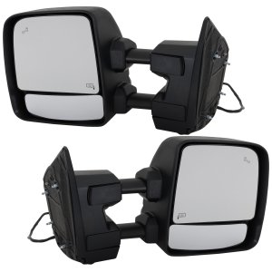 Towing Mirror Pair/Set for Nissan Titan 2017-2021, Titan XD 2016-2021, Right (Passenger) and Left (Driver), Power, Manual Folding and Extending, Heated Upper Glass, Textured, with Blind Spot Detection, Puddle Light, and Signal Light, without Memory, Replacement