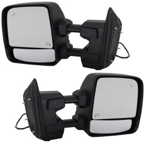Towing Mirror Pair/Set for Nissan Titan 2017-2019, Titan XD 2017-2021, Right (Passenger) and Left (Driver), Power, Manual Folding and Extending, Heated Upper Glass, Textured, with Blind Spot Detection, Memory, Puddle Light, Signal Light Replacement.