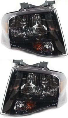 Headlight Assembly Pair/Set for 2007-2014 Ford Expedition, Halogen, w/ Black-Out, Right (Passenger) and Left (Driver) Side Replacement