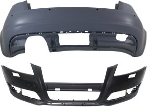 Front and Rear Bumper Cover Set for Audi A3 2009-2013, Primed (Ready to Paint), without Parking Aid Sensor Holes - Replacement