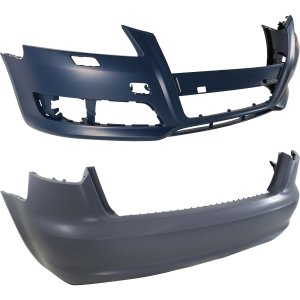 Front and Rear Bumper Cover Set for 2009-2013 Audi A3, Primed (Ready to Paint), without Parking Aid Sensor Holes - Replacement Set