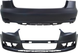 Front and Rear Bumper Cover Set for Audi A3 2015-2016, Primed (Ready to Paint), without Parking Assist Sensor Holes, Convertible/Sedan - Replacement