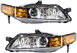 Headlight Pair/Set for 2007-2008 Acura TL Base Model, Right (Passenger) and Left (Driver), Lens and Housing, Replacement