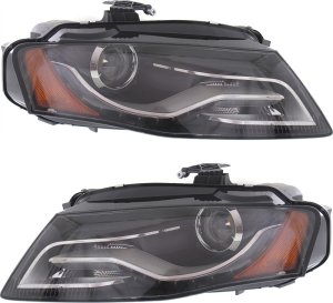 Headlight Pair/Set for Audi A4 2009-2010/S4 2010-2010, Right (Passenger) and Left (Driver), Lens and Housing, Xenon, Without HID Pair/Set, Without Curve Lighting, Sedan/Wagon, Up to June 21, 2010, Replacement
