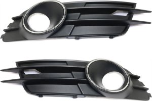 Front Fog Light Molding Pair/Set for Audi A6 2012-2015, Right (Passenger) and Left (Driver), Black with Chrome Ring, without S-Line Package, with Adaptive Cruise Control Replacement