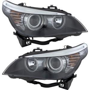 Headlight Assembly Pair/Set for BMW 5-Series Sedan/Wagon (2008-2010), Halogen, Right (Passenger) and Left (Driver), Replacement - Fits: 520i, 523i, 525i, 528i, 530i, 535i, 540i, 550i, M5.
