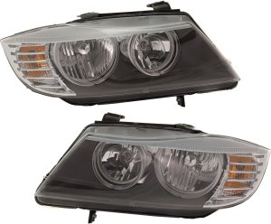 Headlight Pair/Set for BMW 3-Series 2009-2012, Right (Passenger) and Left (Driver) Side, Lens and Housing, Halogen, Sedan/Wagon, Replacement Models: for 320i, 323i, 325i, 328i, 330i, 335i.