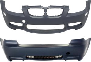 Front and Rear Bumper Cover Set for BMW M3 2008-2013, Primed (Ready to Paint), Without Parking Distance Control Sensor Holes Replacement