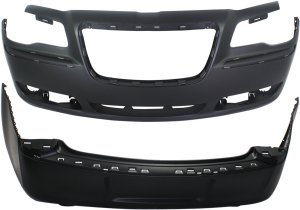 Front and Rear Bumper Cover Set for 2011-2014 Chrysler 300, Primed (Ready to Paint), Without Parking Aid Sensor Holes, Excludes SRT-8 Model, Replacement