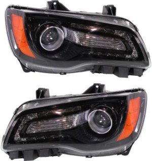 Headlight Assembly Pair/Set for 2012-2014 Chrysler 300, Halogen, with Black Bezel, Includes Right (Passenger) and Left (Driver) Side, Replacement