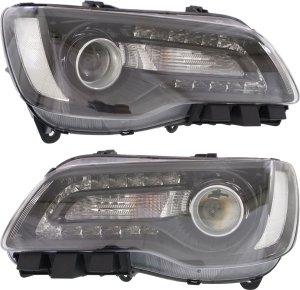Headlight Assembly Pair/Set for Chrysler 300, 2015-2017, Includes Right (Passenger) and Left (Driver) Halogen Lights, Replacement