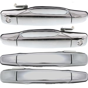 Chrome Exterior Door Handle Pair/Set for 2007-2014 Cadillac Sierra/Silverado - Front Right (Passenger) and Left (Driver) with Key Hole, Rear Right (Passenger) and Left (Driver) without Key Hole, Excludes 2007 Classic, Replacement