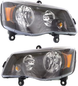 Headlight Assembly Pair/Set for Dodge Grand Caravan 2011-2020, Right (Passenger) and Left (Driver), Halogen, Black Interior, Replacement