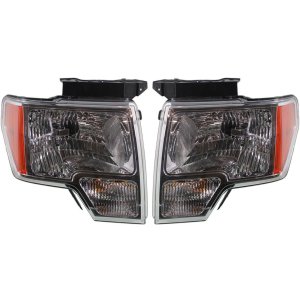 Headlight Assembly Pair/Set for Ford F-150 2009-2014, Right (Passenger) and Left (Driver) Side, Halogen, with Chrome Trim, Replacement