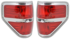 Tail Light Pair/Set for Ford F-150 2009-2014 Right (Passenger) and Left (Driver), Lens and Housing, Styleside, Chrome Trim, (Excludes FX2 Model) Replacement