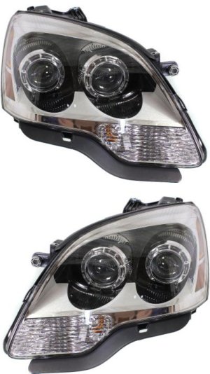 Pair/Set - Headlight Assembly for GMC Acadia 2008-2012, Right (Passenger) and Left (Driver), 2nd Design, Halogen, Clear Projector Lens Replacement