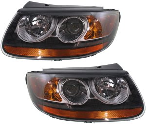 Headlight Assembly Pair/Set for Hyundai Santa Fe 2007-2008, Right (Passenger) and Left (Driver), Halogen, w/ 2 Plug-In Connector, To 7-11-2007, Replacement