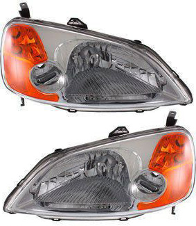 Headlight Pair/Set for Honda Civic 2001-2003 Sedan, Includes Right (Passenger) and Left (Driver) Lens and Housing, Halogen Replacement