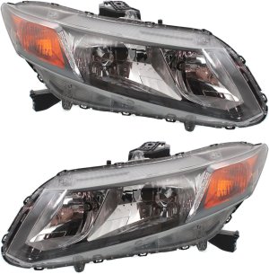 Headlight Assembly for 2012-2012 Honda Civic, Right (Passenger) and Left (Driver), Halogen, with Amber Turn Signal Light, Replacement Pair/Set